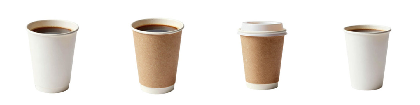 Variety of takeaway coffee cups with brown liquid on a black background
