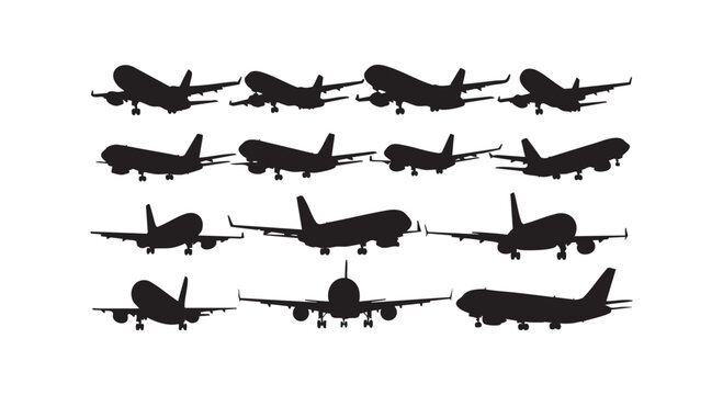 Airplane flight silhouettes vector illustration collection showing commercial passenger planes in various flying angles.