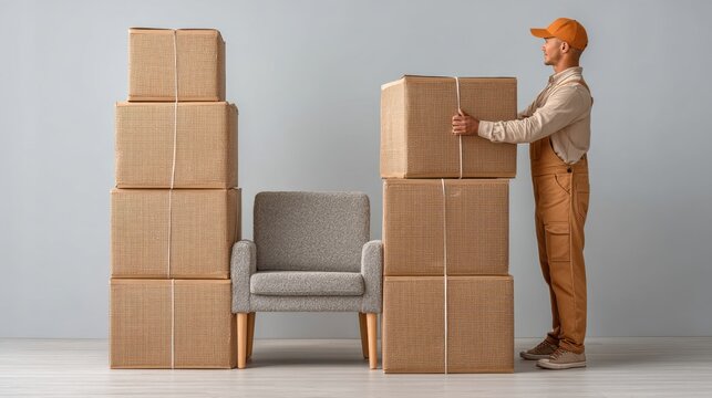 Team member wrapping furniture carefully in gray chair surrounded by cardboard packaging boxes in standard home setting, showcasing logistics and unpacking process