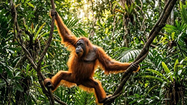 Orangutan swinging through lush green jungle canopy sunlight filtering through leaves.