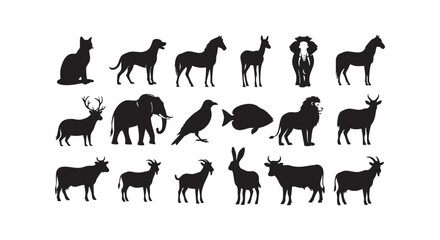 Fototapeta premium Animal silhouettes set vector illustration with wild and domestic creatures isolated on white background icons collection.