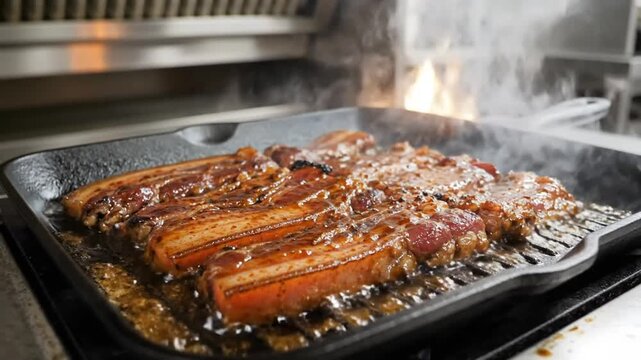 Delicious pork belly sizzling on a hot griddle pan with flames in a professional kitchen