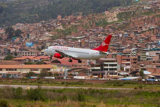 A commercial jet makes its final approach into Alejandro Velasco Astete International Airport in Cusco, Peru one of the world's most challenging and dramatic aviation environments. Sitting at 3,399mt