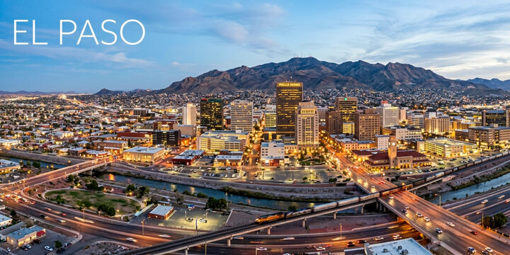 Panoramic view of El Paso skyline with the Franklin Mountains and city highway during a colorful twilight