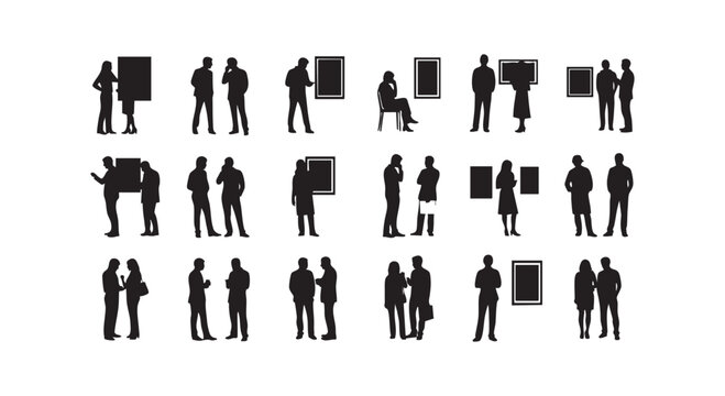 Art gallery exhibition diverse people viewing modern abstract paintings and sculptures silhouettes vector illustration.