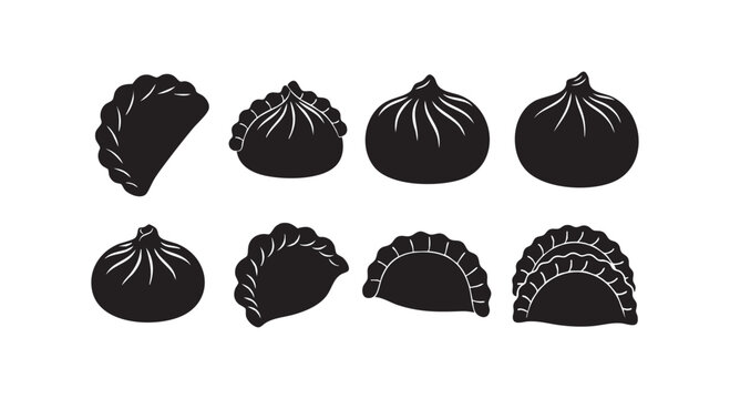 Asian food dumpling and baozi, chinese cuisine black silhouette, traditional delicious steamed dumpling, gyoza, bao.