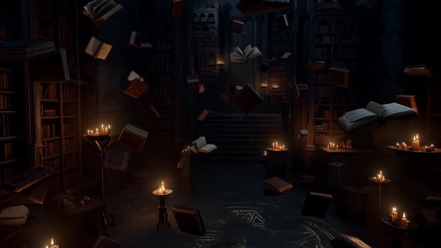 Magical Library Scene. Gothic Styled Magical Repository With Levitating Texts And Mystical Symbols