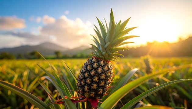 A vibrant, sunlit landscape featuring a ripe pineapple in a field with mountains and a radiant sunset backdrop