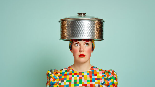Woman carrying cooking pot on head symbolizing domestic workload and multitasking