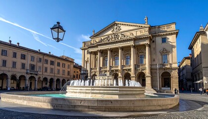 Obraz premium A classical Italian town square with a tiered fountain, old buildings with arched walkways, and a grand theater facade