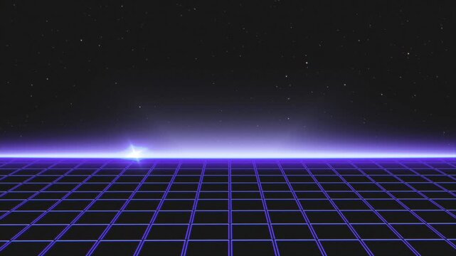 Retro Synthwave grid horizon with glowing purple starburst, background loop
