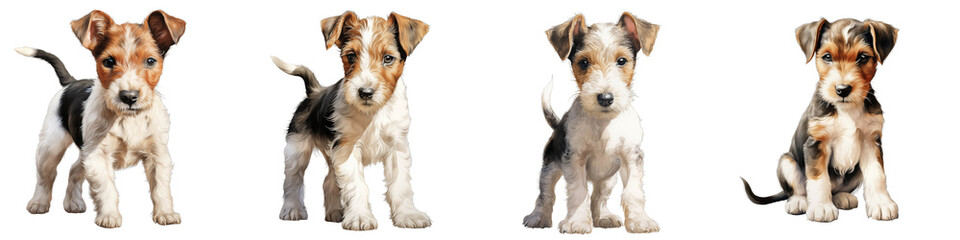 Obraz premium Four cute wire fox terrier puppies with playful expressions against a black background