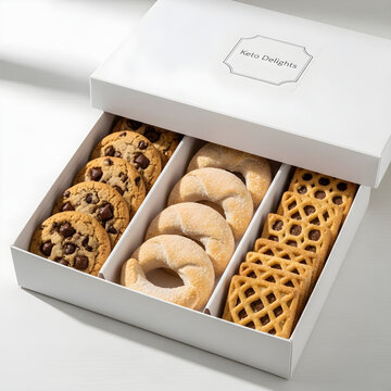 Assorted cookies in a white gift box on a white surface, including chocolate chip, sugar, and lattice cookies.