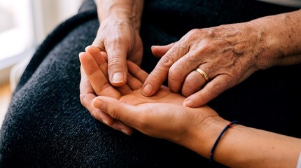 Fototapeta premium Close-up of an elderly hand with a wedding ring gently holding a younger hand. Conceptual imagery for intergenerational love, family support, elderly care, and a parent's lifelong protection.