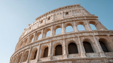 Fototapeta premium Clear Daylight View of the Roman Coliseum with Bright Sky in Background Showcasing Ancient Architecture and Historic Significance