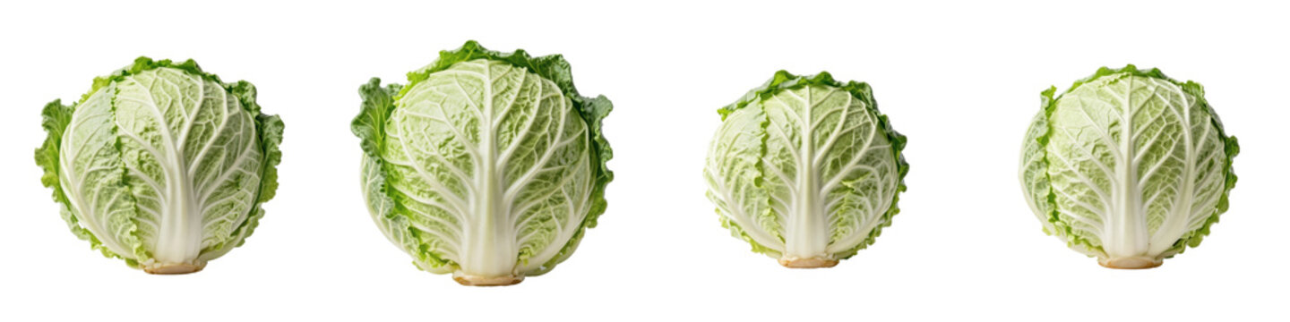 Four heads of napa cabbage display their light green and white patterns on a black backdrop