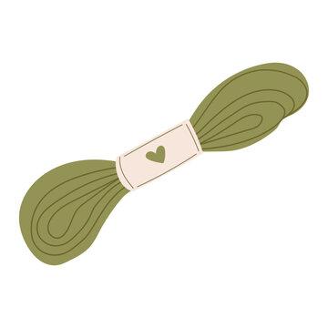 Green skein of embroidery threads with heart-shaped label. Cotton floss threads for cross stitch and needlework. Concept of hand sewing and embroidery. Clipart needlework, creative hobby, isolated on 