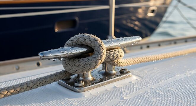 Boat cleat with rope on a yacht deck closeup