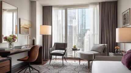 Fototapeta premium Bright, Modern Hotel Room Interior with Elegant Desk, Cozy Seating, and Large Window View.