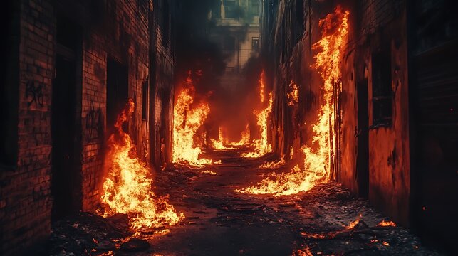 Flames spreading through narrow city corridor high resolution picture