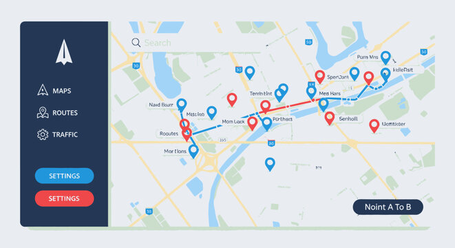 Digital map interface showing navigation routes, location pins, and settings options.