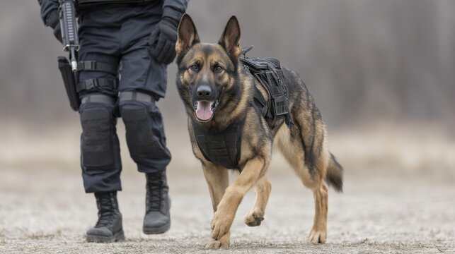 Trained patrol dog and handler in close perspective during operation on an open terrain with focus on teamwork and discipline in security context