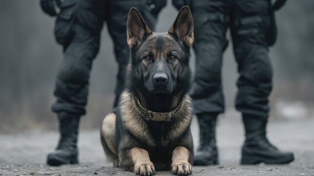 Police dog handler stands ready with a trained German Shepherd in a close-up view, showcasing teamwork and vigilance in a law enforcement setting.
