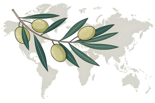 Fresh green olive branch featuring several ripe fruits with long narrow pointed leaves carefully illustrated in a simple artistic style that highlights the botanical beauty of this Mediterranean crop 