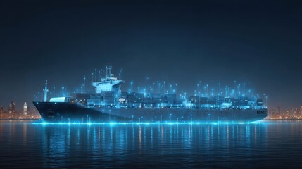 Fototapeta premium High-Tech Cargo Ship Illuminated by Glowing Data Connections in Modern Industry Concept at Night Overlooking a City Skyline
