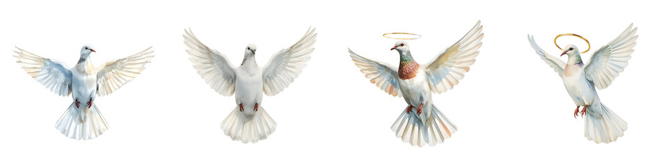 Fototapeta premium Group of white doves flying with spread wings and golden halo