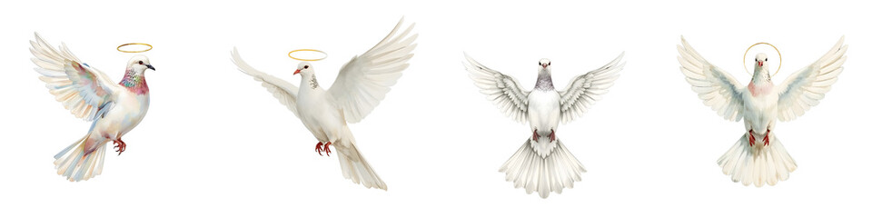 Fototapeta premium Four white doves fly in front of a black backdrop with golden halos overhead