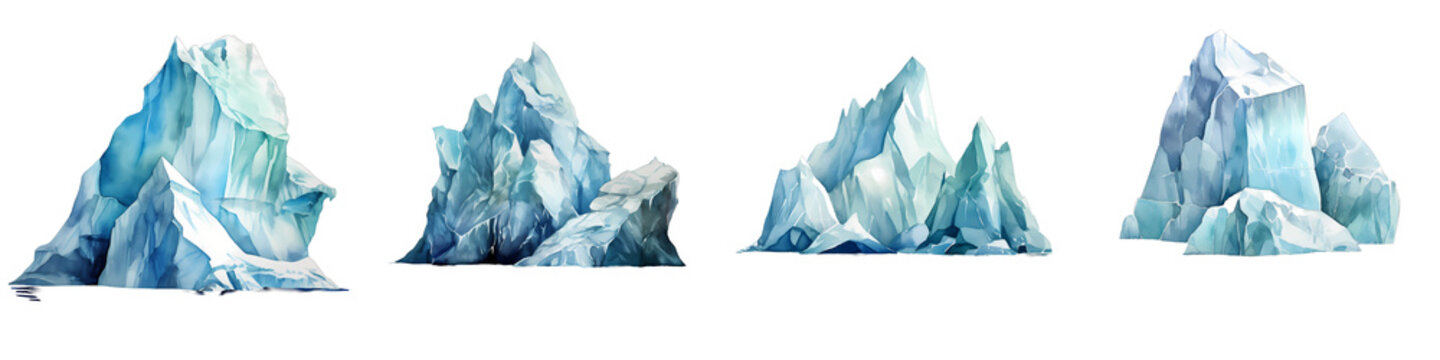 Collection of various icebergs floating in a dark ocean, in watercolor style