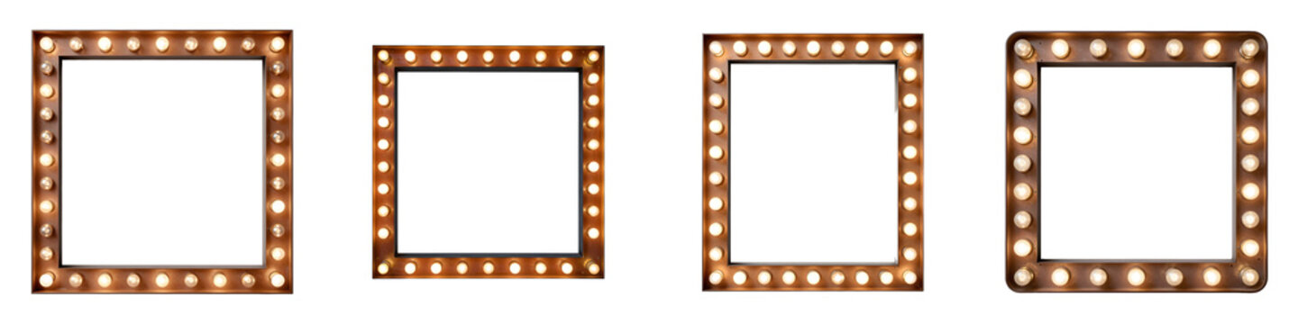 Four lighted makeup mirrors stand against a solid black background