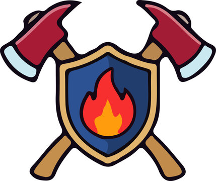 firefighter emblem shield with crossed axes vector icon