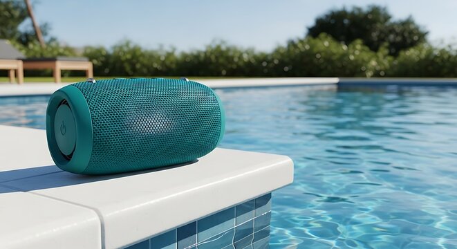 Waterproof Bluetooth Speaker Near Poolside for Music Enjoyment.