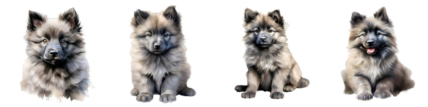 Four keeshond puppies pose against a dark background in an illustration style