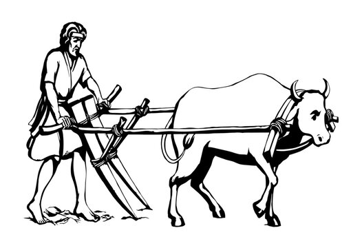 Vector drawing. Old wooden plow