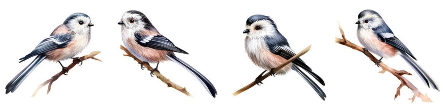 Four long-tailed tits perched on branches in a watercolor style illustration
