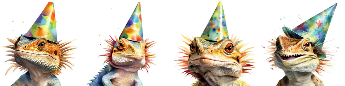 Bearded dragons are wearing party hats against a black backdrop for a festive occasion