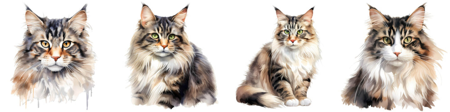 Watercolor painting of four maine coon cats with different colors and unique face markings