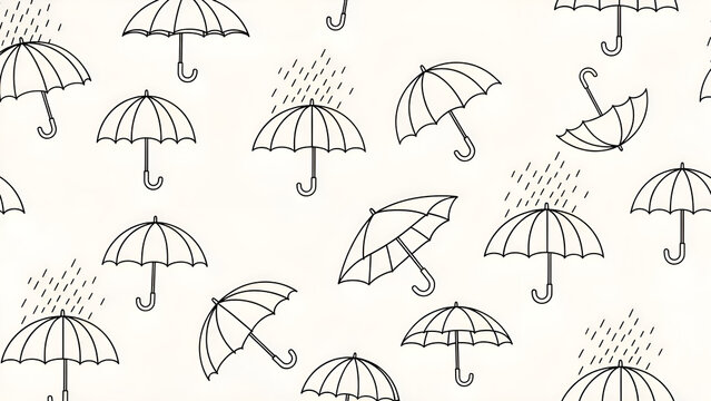 Umbrellas in rain with various designs and positions on cream background pattern
