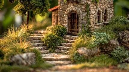 Obraz premium Ancient Stone House Sanctuary: A timeless stone house, embraced by the tender embrace of nature, standing as a testament to history and enduring tranquility.