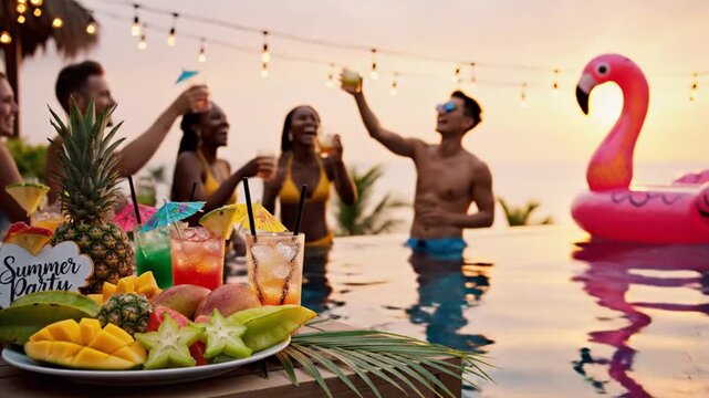 Summer pool party with friends featuring tropical drinks and floating flamingo inflatable