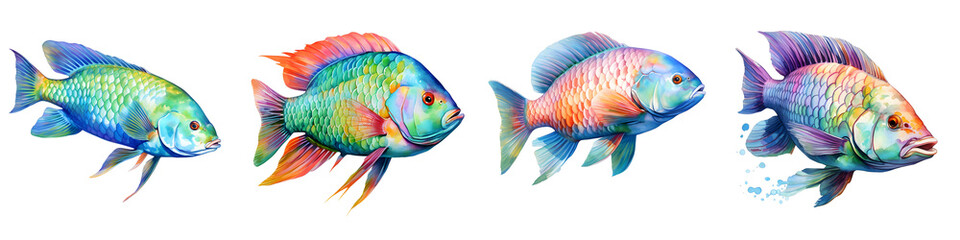 Fototapeta premium Colorful watercolor fish collection against black backdrop illustration isolated