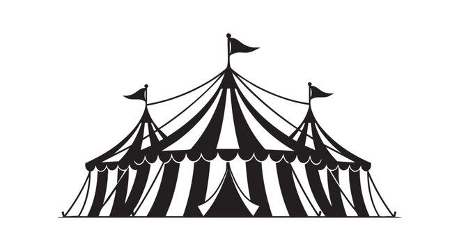 Circus tent silhouette with flags carnival big top striped marquee structure for festival events vector illustration.