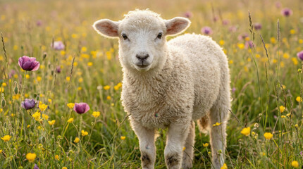 Obraz premium Young sheep standing in a field of wildflowers during spring 