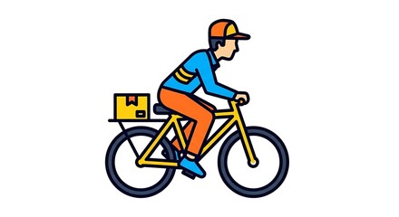 Naklejka premium A flat illustration depicts a courier on a bicycle, transporting a package, set against a white background