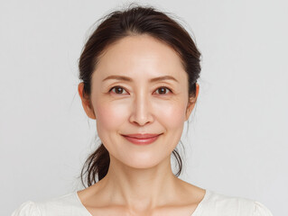Fototapeta premium グレー背景で微笑むアジア人の中年女性ビューティーポートレート