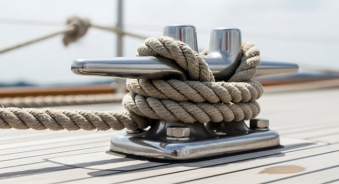 Close-up of a rope wrapped around a metal cleat