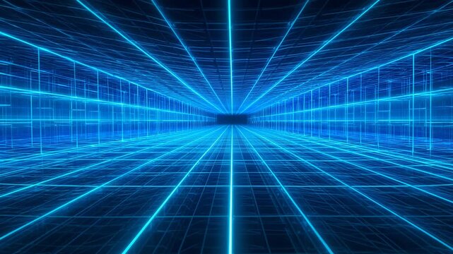 Abstract futuristic digital grid tunnel with glowing blue neon lines receding into the distance, representing technology and cyberspace.